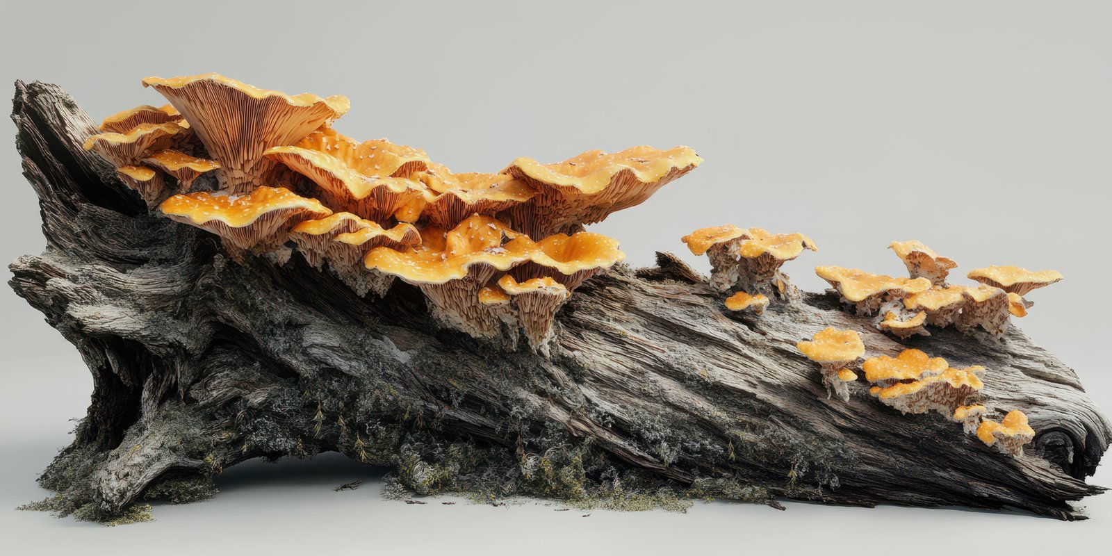 Colorful fungi grow on a weathered tree trunk in a natural setting